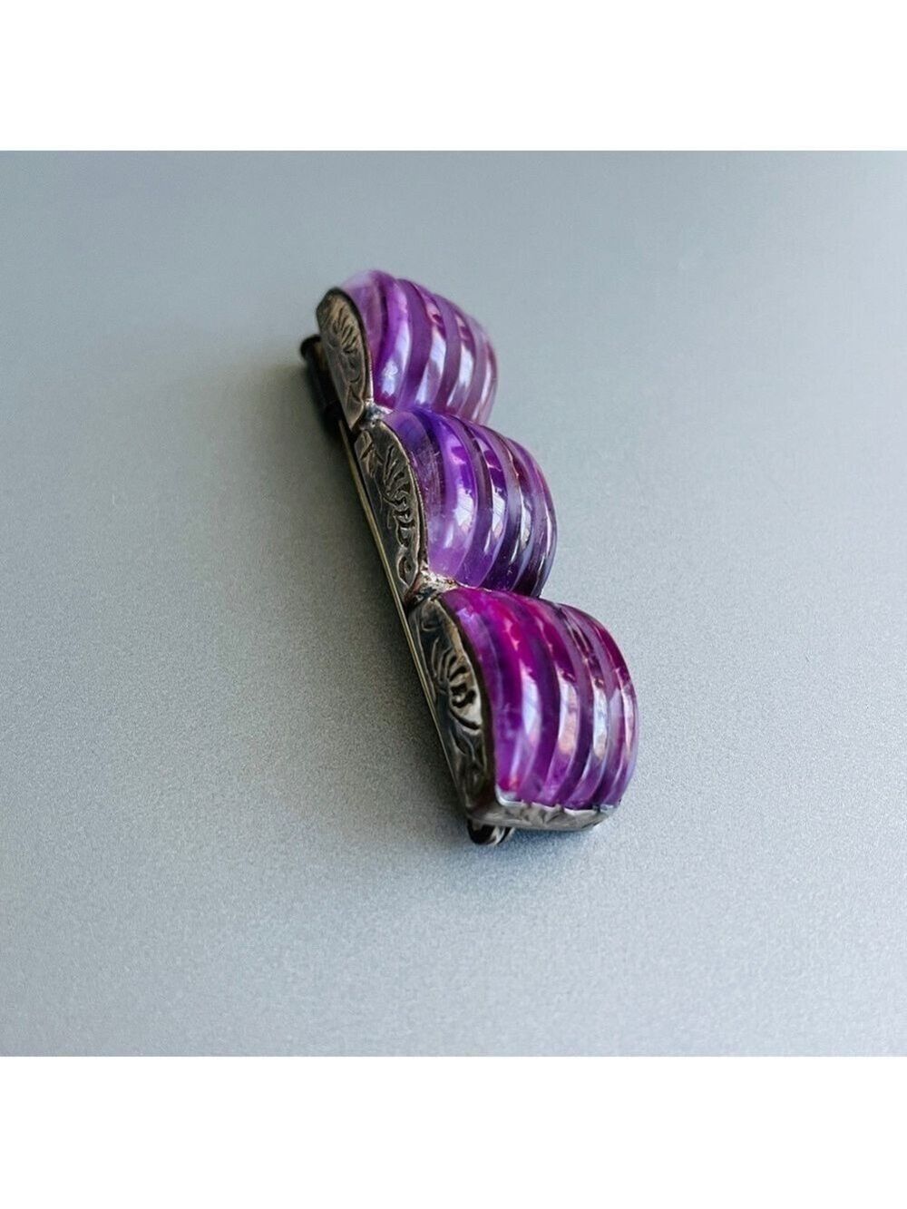 🎉Sold🎉 Antique Chinese Carved Amethyst Sterling Ribbed Rectangle Pin Brooch - Picture 3 of 13
